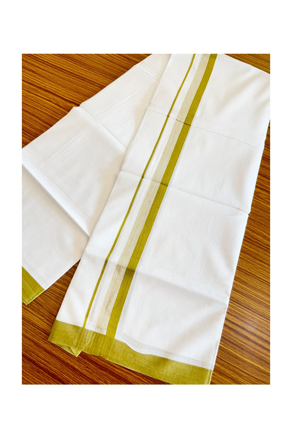 24% DISCOUNT!! Kaitharikada Balaramapuram 100% Cotton Ultra WHITE Double Mundu./Dothi-100x80   1.75 Inch MUSTARD YELLOW  Shaded Cotton Kara -28KK45VAS.