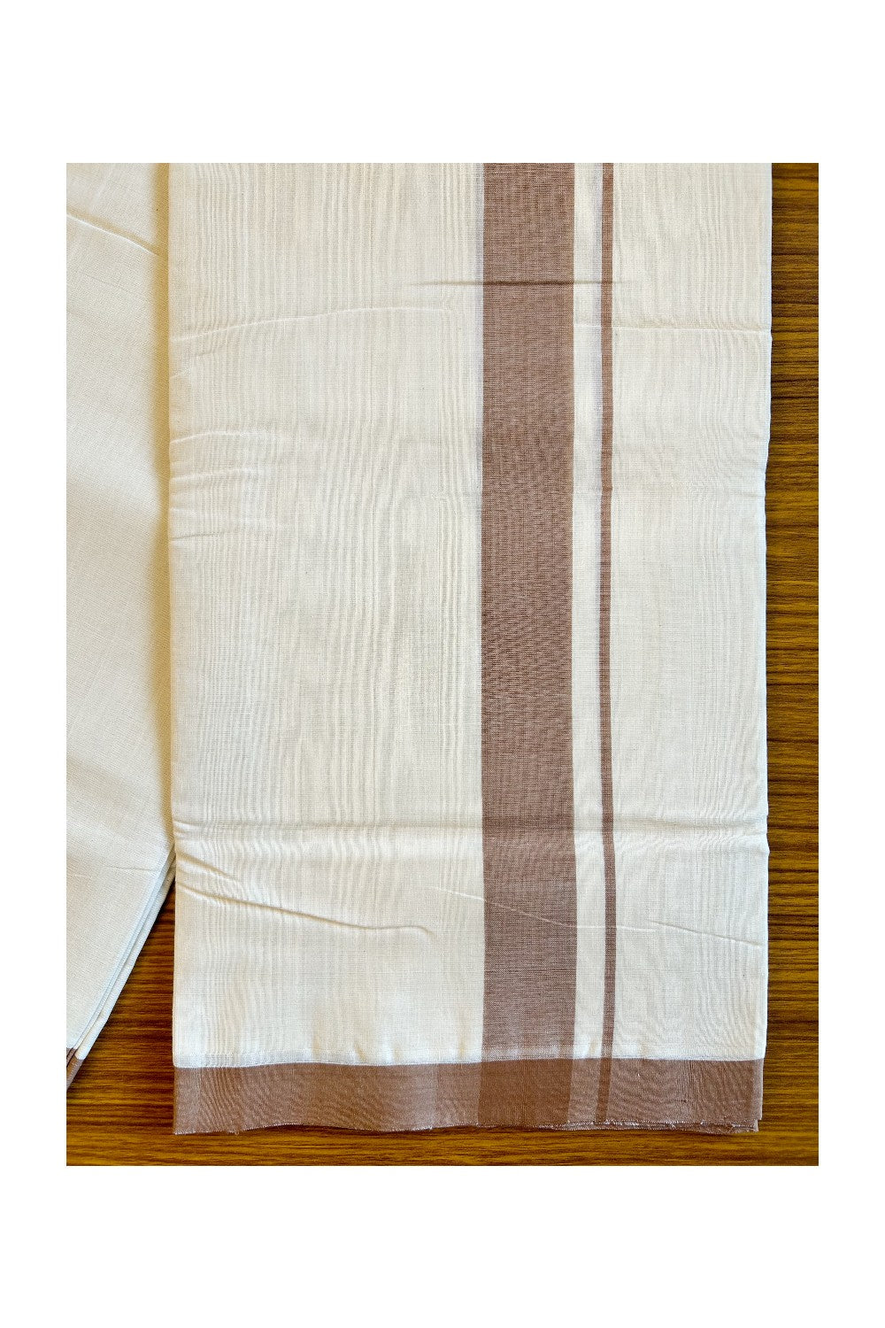 15% DISCOUNT!! KaithariKada HANDLOOM Millpaav Balaramapuram - 100% PURE Cotton OFF White Double Mundu/Dothi - 2 Inch Peanut brown Mulloth Kara 3.70m - 28KK456KK