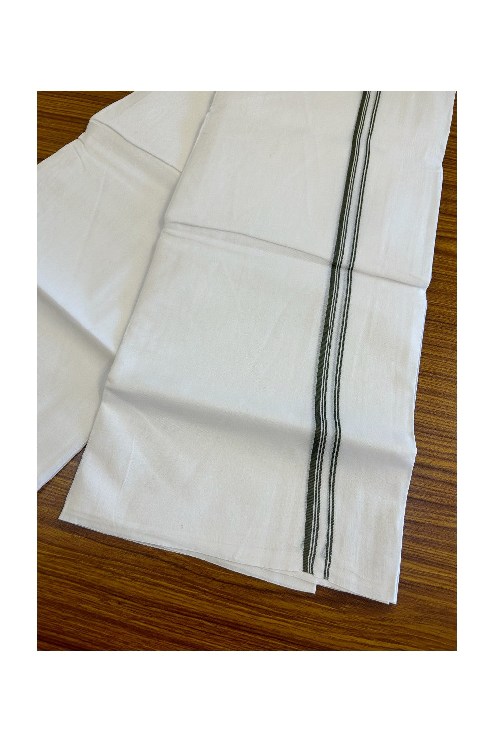 26% DISCOUNT ! KaithariKada Balaramapuram 100% Cotton Double Pure white Mundu/Dhoti-100X100 - Sage Green & STRIPES 1.5cm Kara .- 40KK487KK