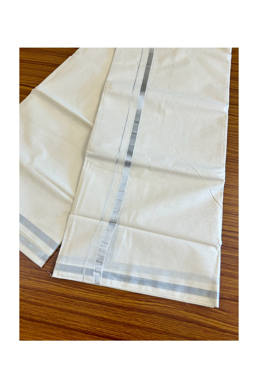 33% DISCOUNT! KaithariKada Balaramapuram 100% Cotton Double Off white Mundu/Dhoti-100x80 1 inch SILVER Kasavu Kara 3.70 meter- 28KK500KK