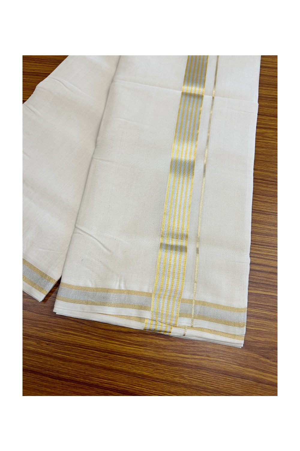 8% DISCOUNT ! KaithariKada HANDLOOM Millpaav Balaramapuram - 100% PURE Cotton Off White Double - (Unbleached) Mundu/Dhoti - 2.25 inch Gold Kasavu & Silver Striped Kara - 28KK5029RAM