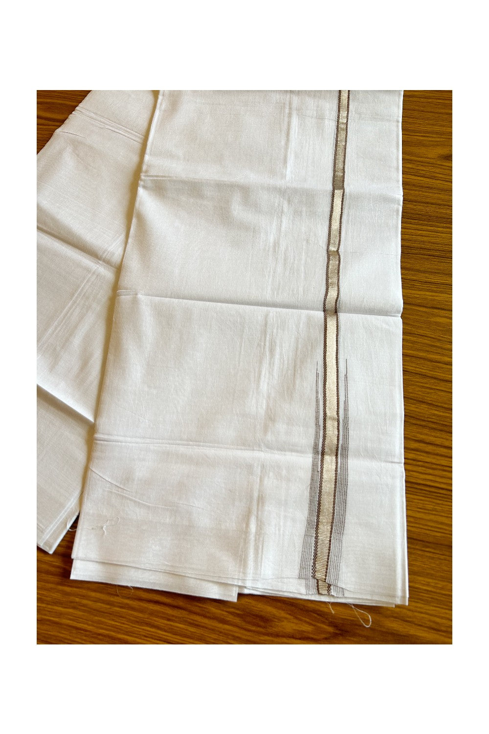 8% Discount ! Kaitharikada Balaramapuram 100% Cotton PURE WHITE Double Mundu/Dothi- 0.5 inch Silver Kasavu &  Brown Striped Chutty Kara - 28KK5032GAN