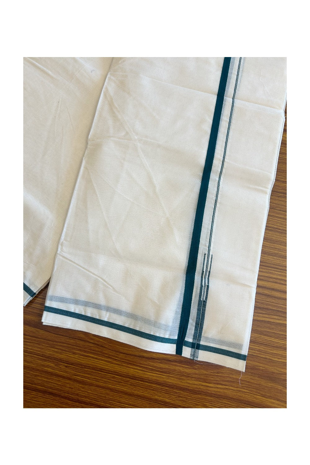 Latest!! 28% Discount !  KaithariKada Balaramapuram 100% Cotton Double Off white - (Unbleached) Mundu/Dhoti-100x100 1. cm  Puliyilakkara Chutty Dark  green Kara- 1.