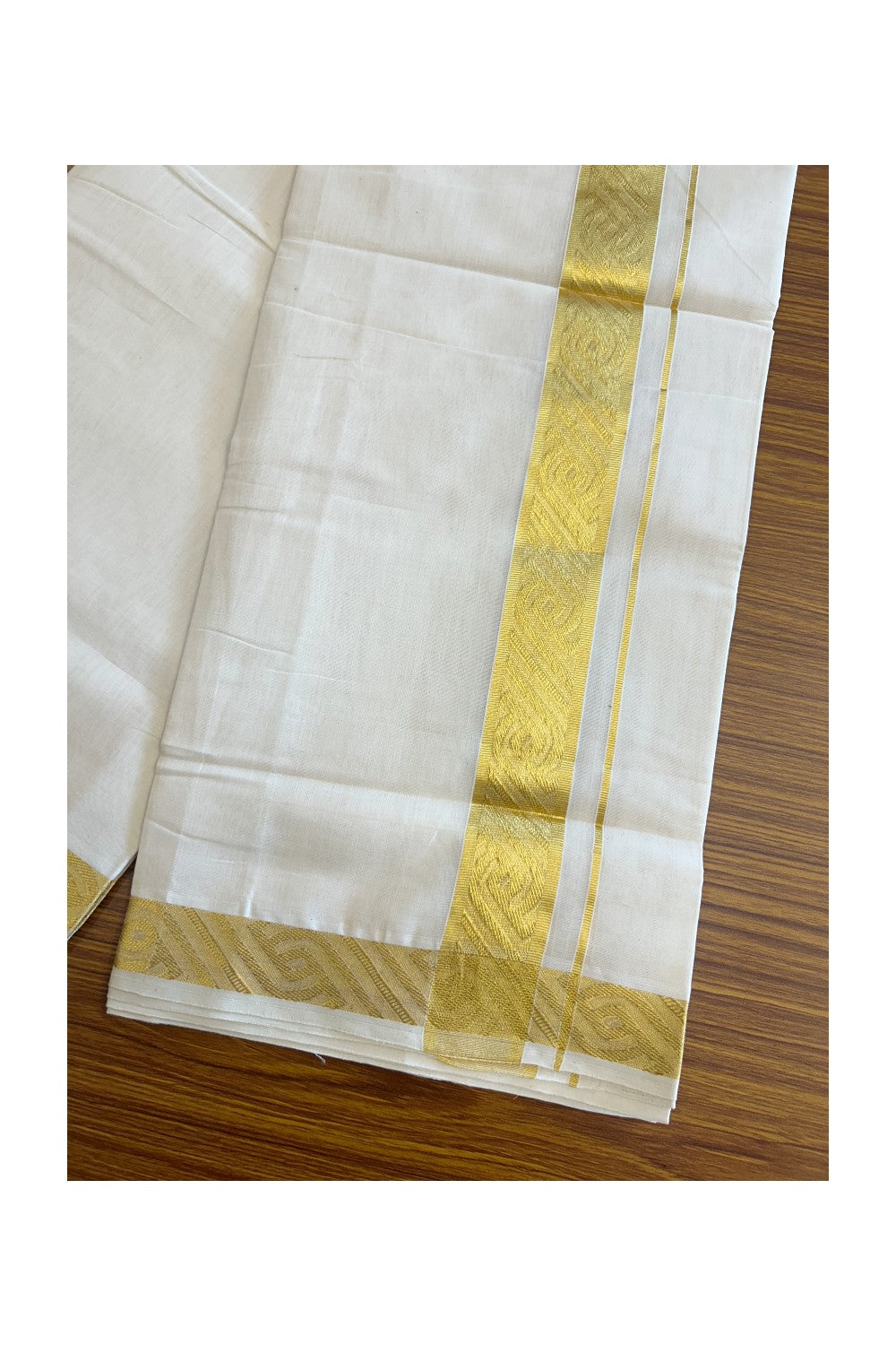 30% DISCOUNT ! KaithariKada HANDLOOM Unakkupaav Balaramapuram - 100% PURE Cotton Off White - (Unbleached) Double Mundu/Dhoti - 2.5 inch Gold Kasavu Striped Design Kara - 28KK5105RAM