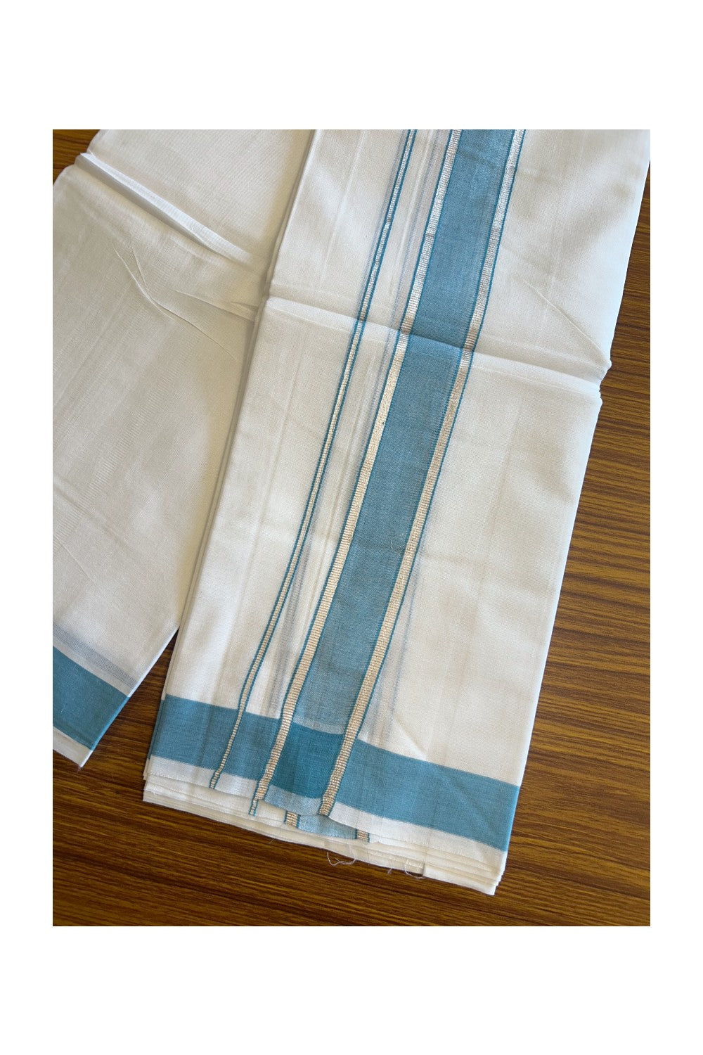 29% DISCOUNT! KaithariKada Balaramapuram 100% Mercerised Cotton Double PURE white Mundu/Dhoti - 100x100  2.25 inch Silver Kasavu &  Turquoise blue Kara - 28KK5108GAN