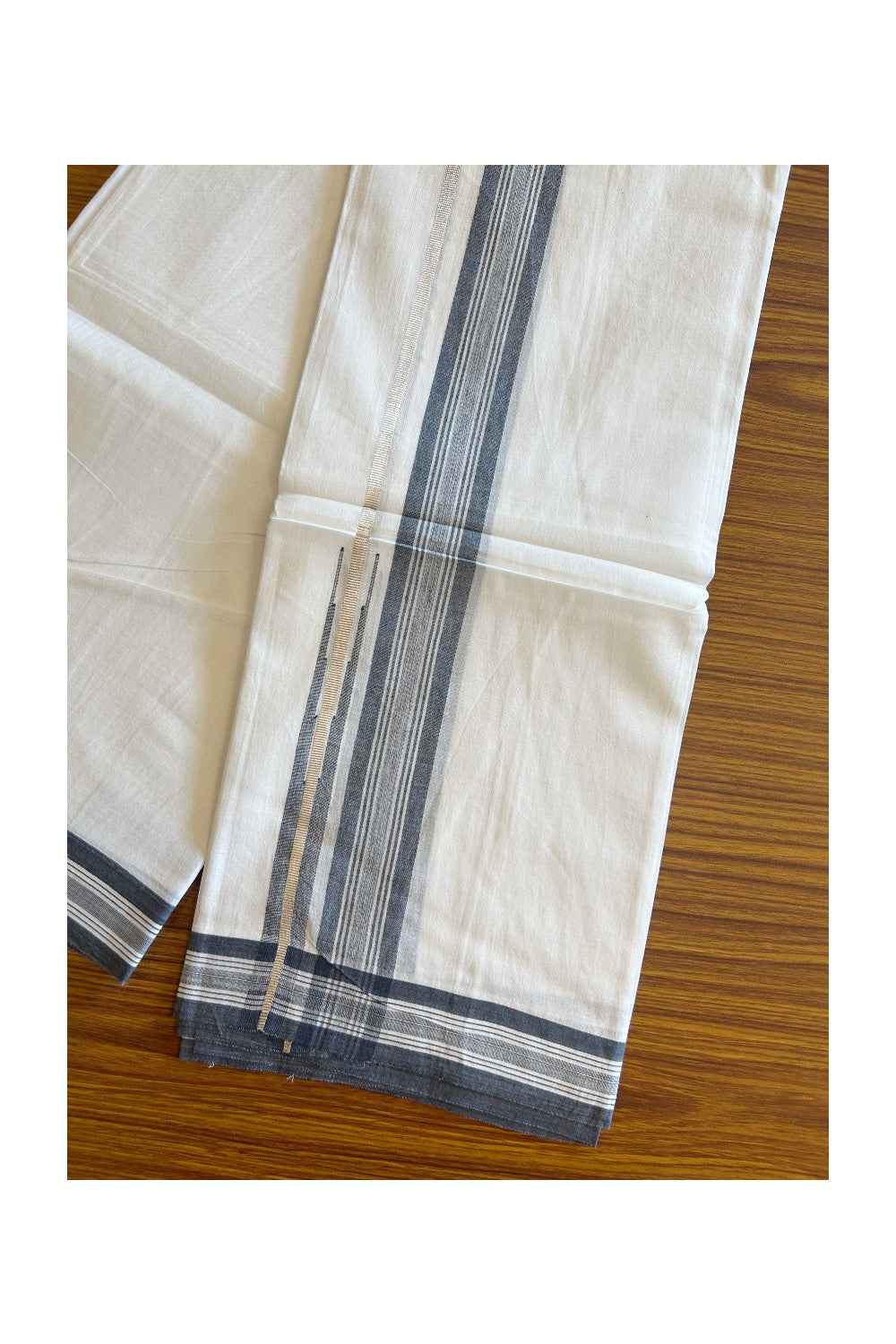 20% DISCOUNT!! KaithariKada Balaramapuram 100% Cotton PURE WHITE Double Mundu/Dhoti - 100x80 - 1.75 inch Black Shaded Silver Kasav stripes Chutty kara - 28KK5109THI