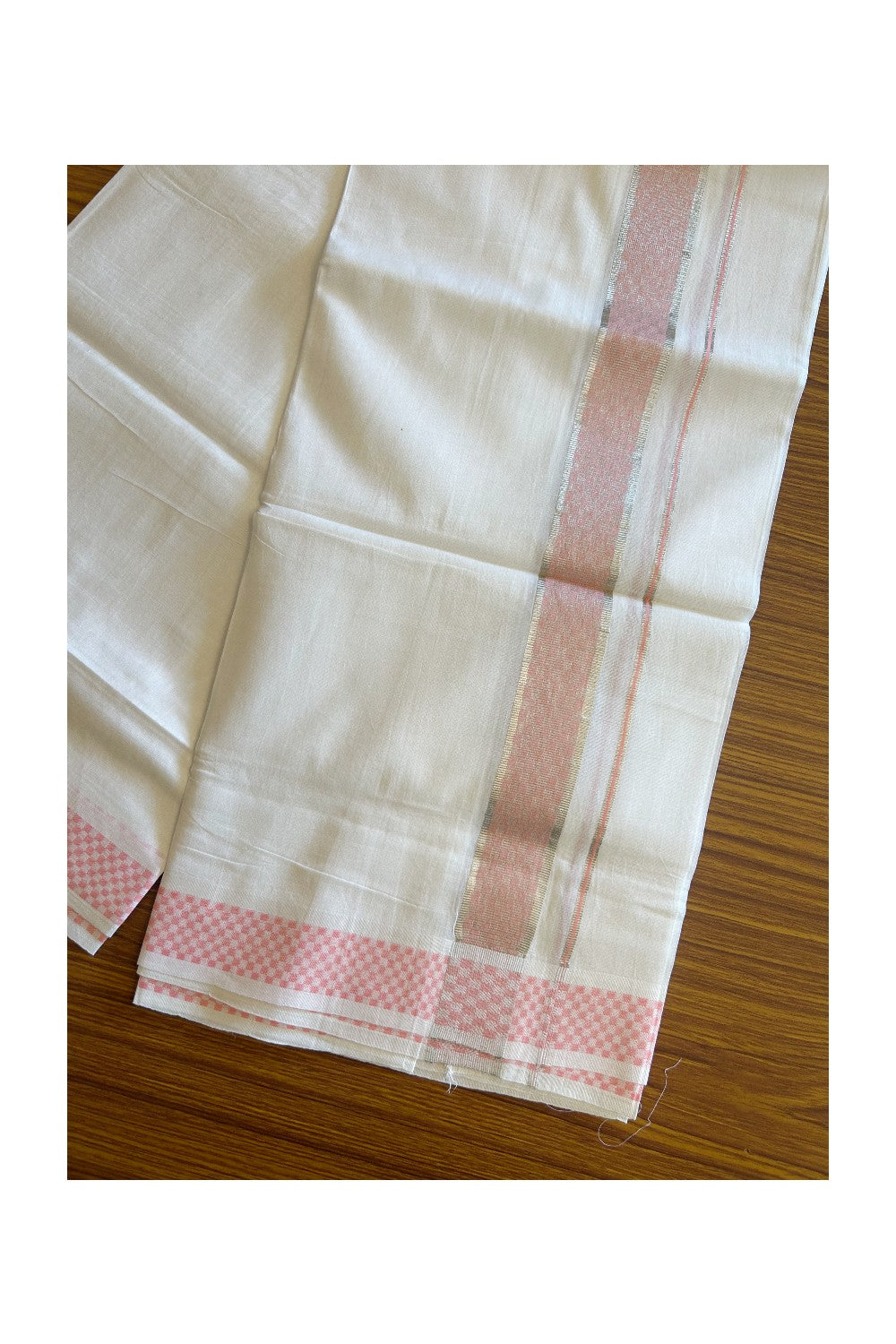 20% DISCOUNT! KaithariKada Balaramapuram 100% Cotton Double PURE white Mundu/Dhoti - 100x80 - 2 Inch Silver kasavu Baby pink square pattern Kara - 28KK5112PMC