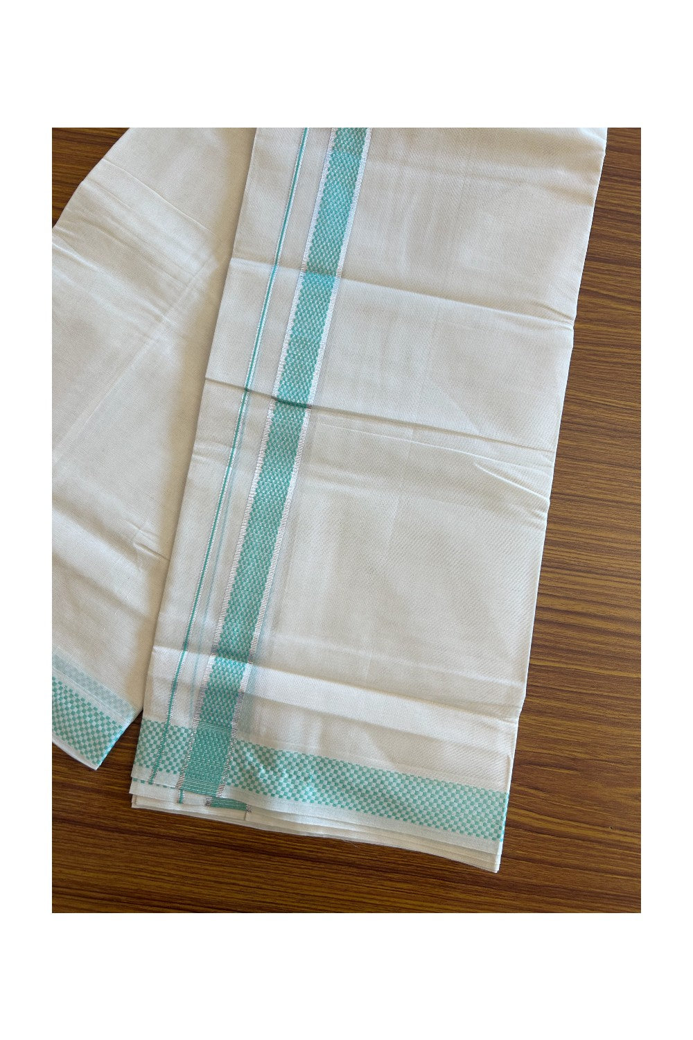 20% DISCOUNT ! KaithariKada Balaramapuram 100% Cotton Double off white  (Unbleached) Mundu/Dhoti - 100X90 - 1.75 inch Silver kasavu & Turquoise Green Check design kara - 28KK5113PMC