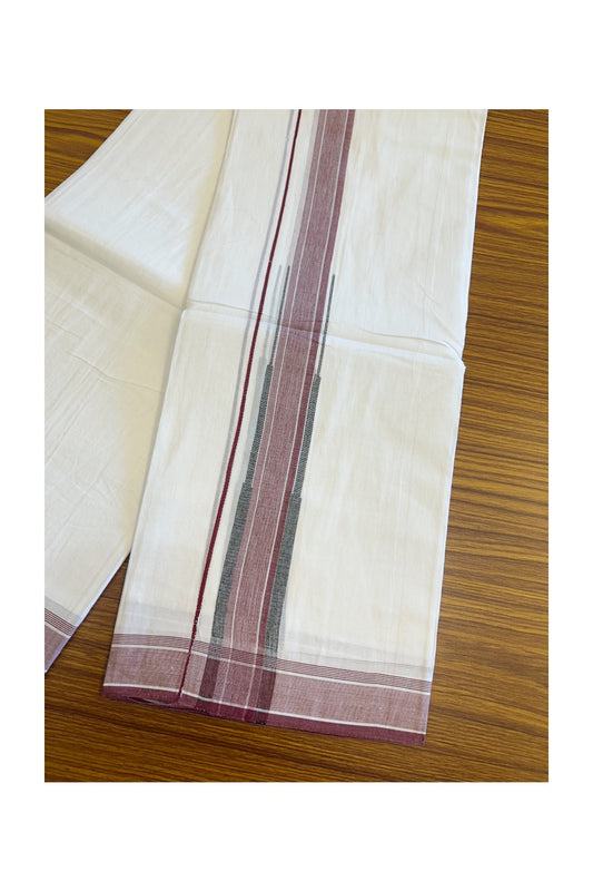 20% DISCOUNT!! Kaitharikada Balaramapuram 100% Cotton PURE WHITE Double Mundu/Dothi-80X90 - 1.75 Inch Maroon & Black Striped Chutty Kara 3.70m (8 Muzham) - 47KK5115THI