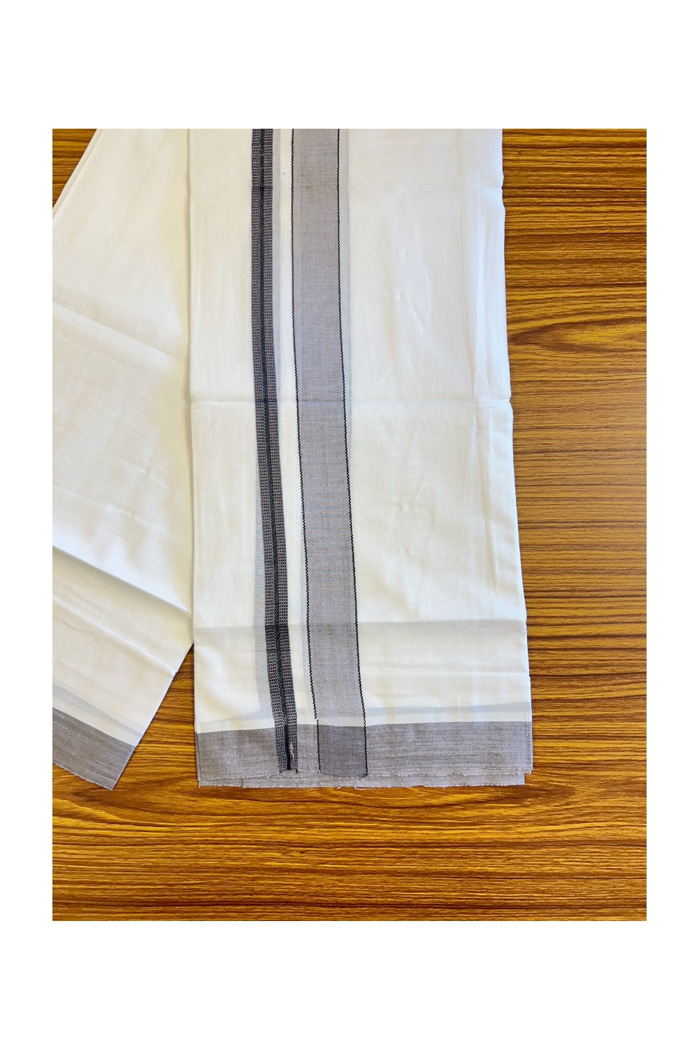 21% DISCOUNT!! Kaitharikada Balaramapuram 100% Cotton Ultra WHITE Double Mundu/Dothi-100x80  2.5 Inch ASH PURPLE & BLACK Striped Cotton Kara -28KK73VAS.