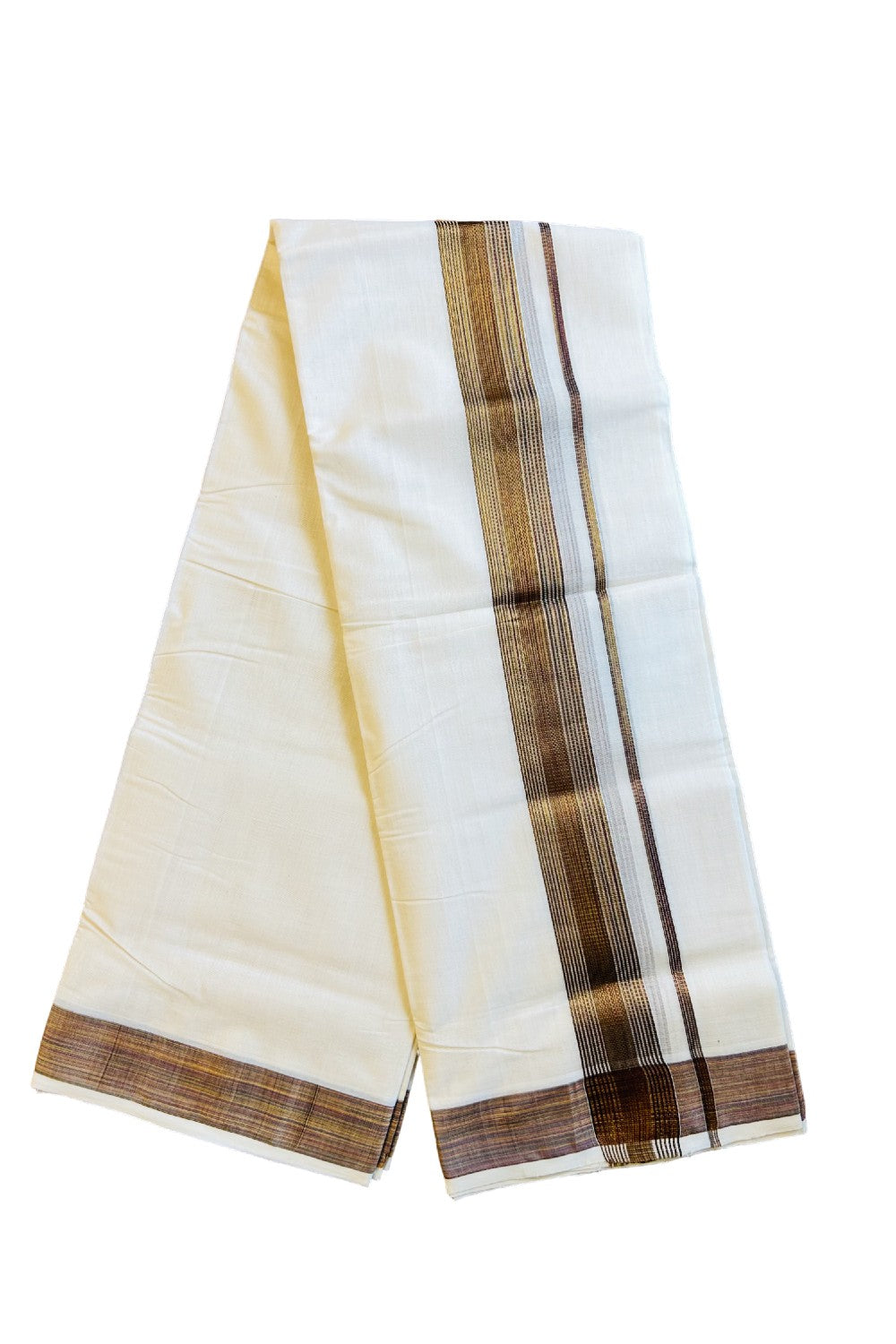 21% DISCOUNT!! KaithariKada HANDLOOM millpaav Balaramapuram - 100% PURE Cotton OFF White Double Mundu/Dothi - 3 inch Brown & Gold Kasavu Striped kara - 29KK203RAM