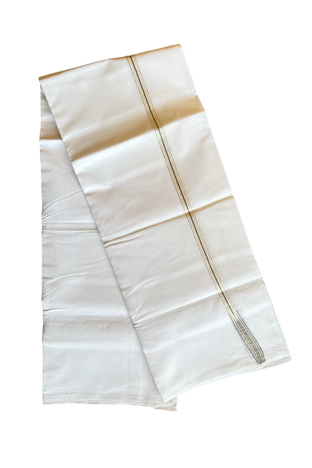 19% DISCOUNT!! KaithariKada Balaramapuram 100% Cotton PURE WHITE Double Mundu/Dhoti-100x100  1.5 cm Puliyilakkara  6 line kasavu  & Ash gray striped chutty - 29KK412ASH