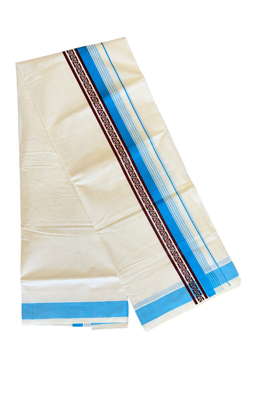 29% Discount !! KaithariKada Balaramapuram 100% Cotton Off white Double Mundu/Dhoti - 80x72- 3.25 Inch  Brown & Sky Blue Striped  Striped pattern printed kara - 26KK470VIN