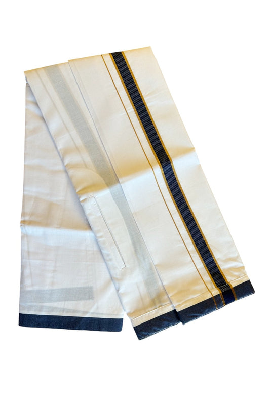 KaithariKada Balaramapuram COTTON SINGLE PURE WHITE VELCRO Mundu/Dhoti - 1.75inch Dark Blue &  Kasavu kara - 29KK485SRI