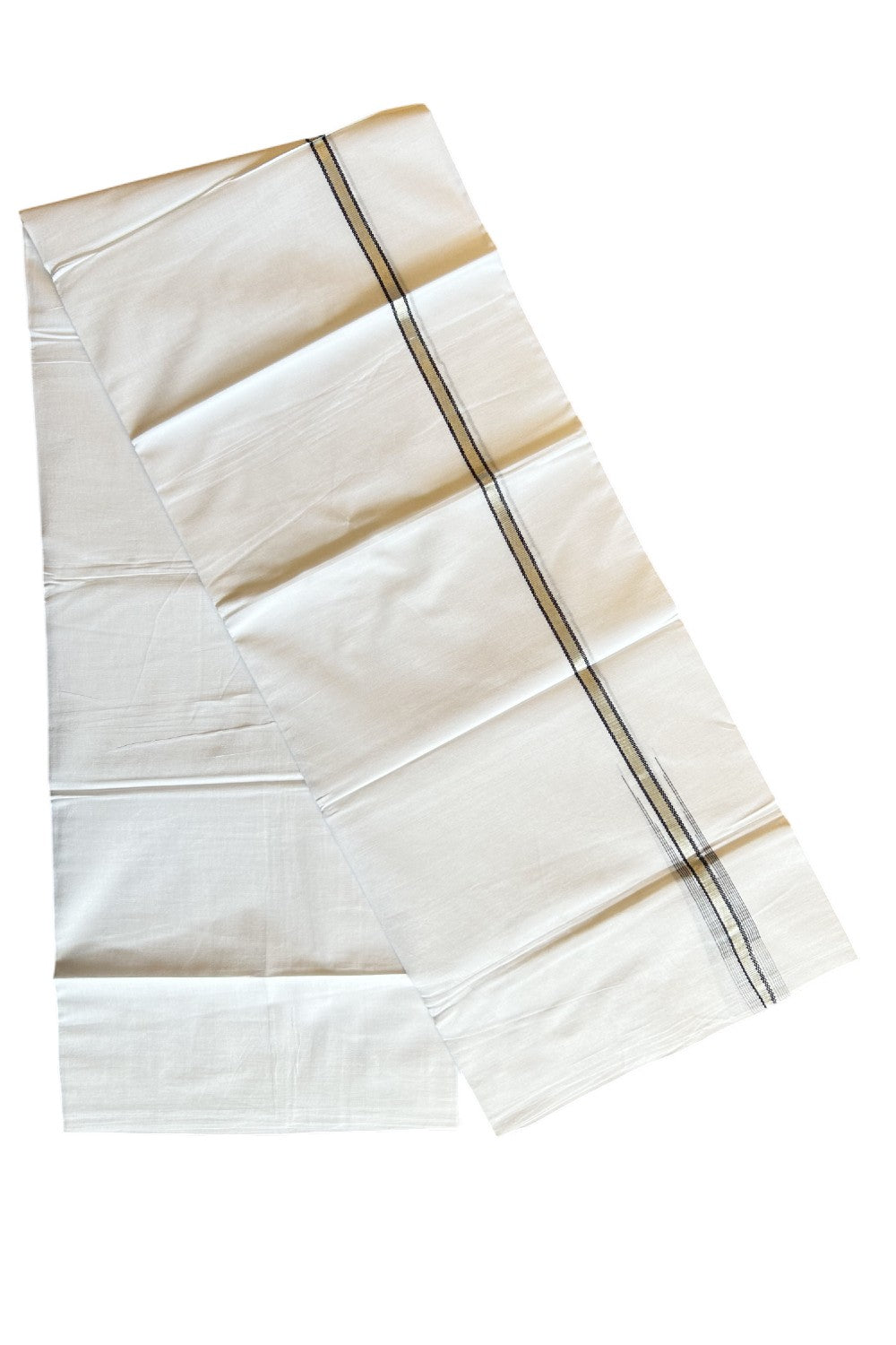 8% Discount ! Kaitharikada Balaramapuram 100% Cotton PURE WHITE Double Mundu/Dothi- 0.5 inch Silver Kasavu & Navy Blue Striped Chutty Kara - 29KK5032GAN