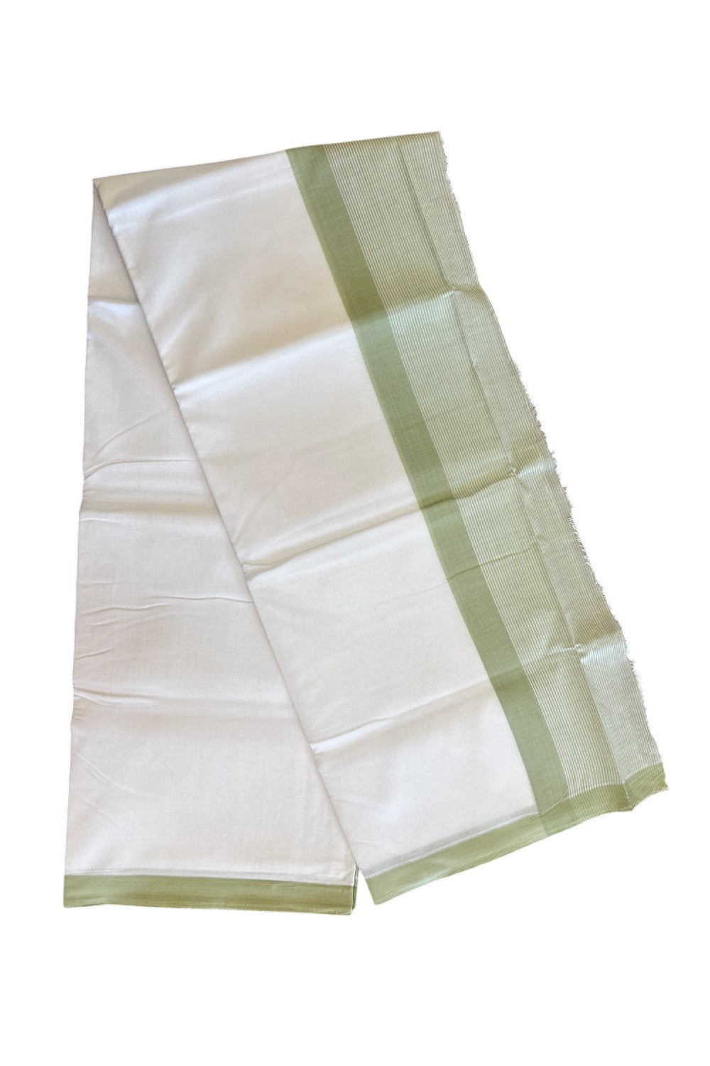 30% DISCOUNT!! KaithariKada Balaramapuram 100% Cotton PURE WHITE Double Mundu/Dhoti-100x100 - 5 inch Light Green & white striped kara - 29KK5043ASH