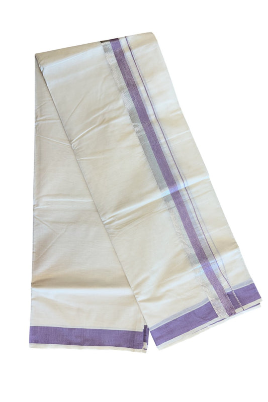 KaithariKada Balaramapuram 100% Cotton Double Off white - (Unbleached) - Mundu/Dhoti-80x72 - 2.25 inch Silver Kasavu Mix Purple Kara - 257