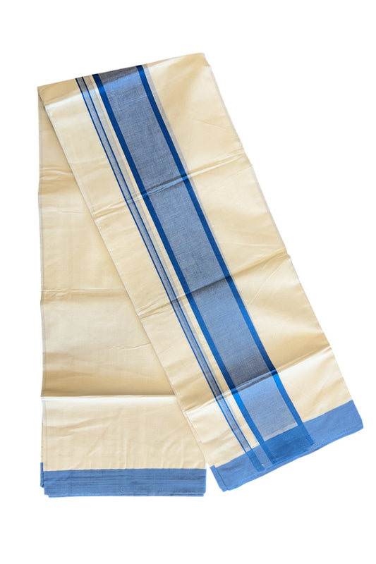 10% DISCOUNT ! KaithariKada Balaramapuram 100% Cotton Double Off white -(Unbleached) - Mundu/Dhoti-100X100- Light BLUE 3.75 inch Kara- 23.