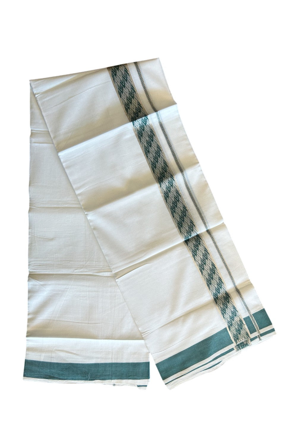 20% DISCOUNT! KaithariKada Balaramapuram 100% Cotton Double PURE white Mundu/Dhoti - 100x80 - 2 Inch Silver kasavu Dark Green pattern Kara - 29KK5112PMC