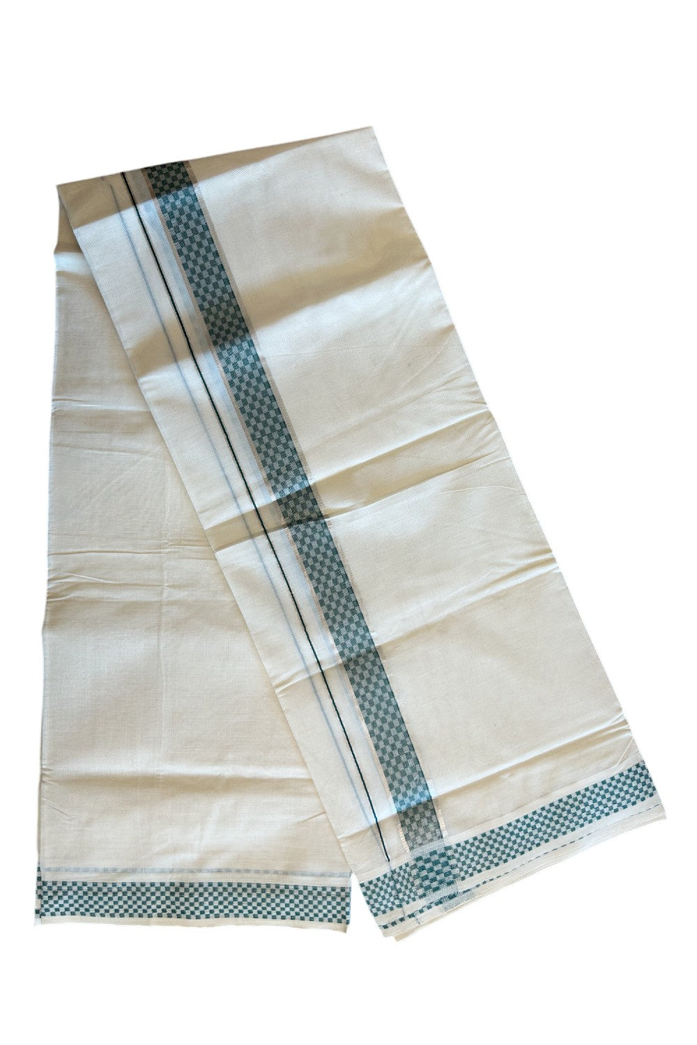 20% DISCOUNT ! KaithariKada Balaramapuram 100% Cotton Double off white  (Unbleached) Mundu/Dhoti - 100X90 - 2 inch Silver kasavu & Dark Green Check design kara - 29KK5113PMC