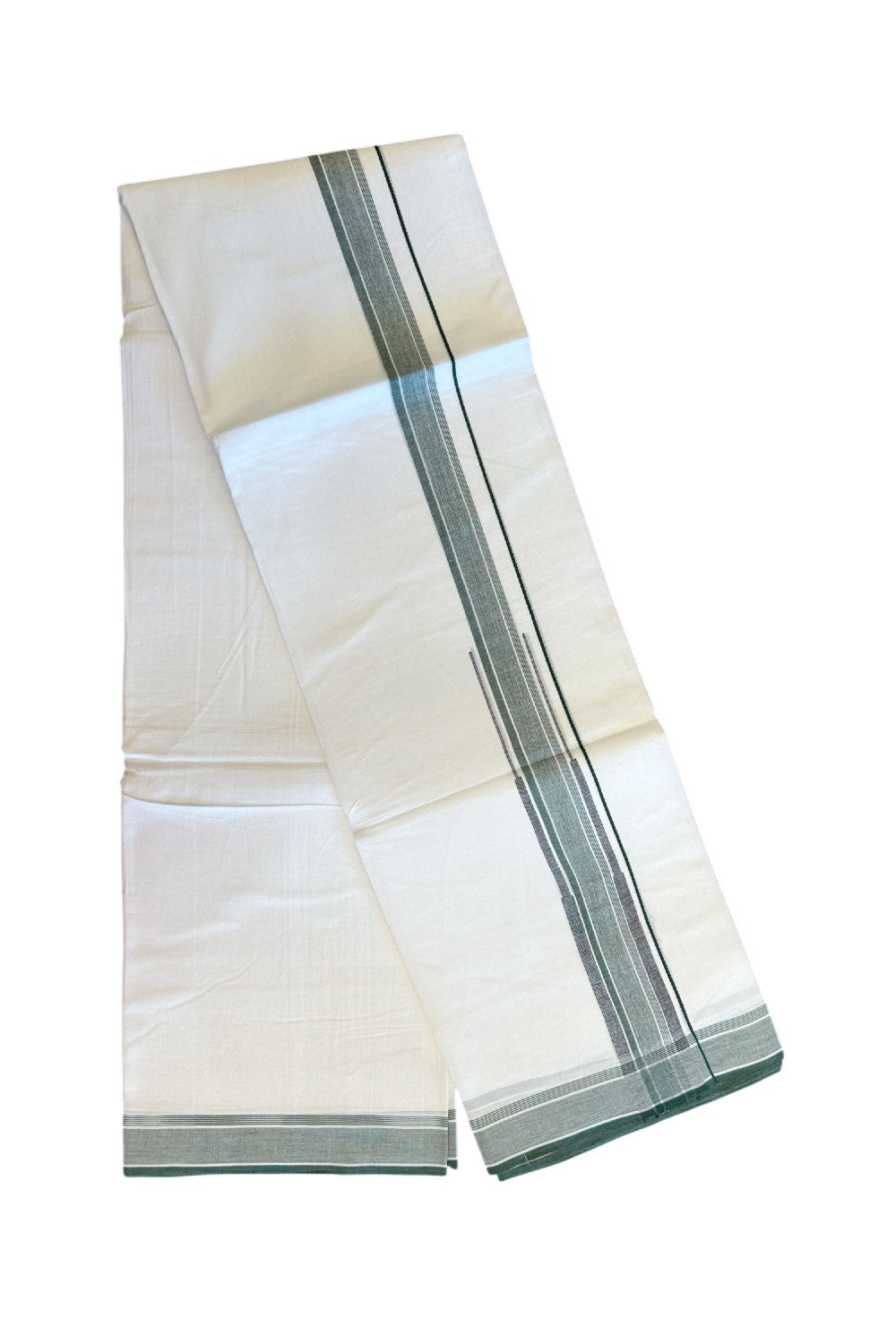 20% DISCOUNT!! Kaitharikada Balaramapuram 100% Cotton PURE WHITE Double Mundu/Dothi-80X90 - 1.75 Inch Green & Black Striped Chutty Kara 3.70m (8 Muzham) - 48KK5115THI