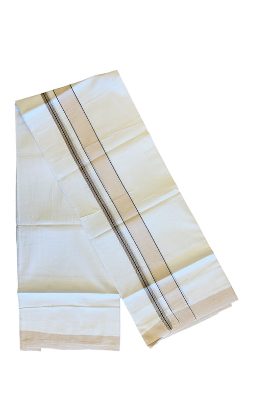 21% DISCOUNT!! Kaitharikada Balaramapuram 100% Cotton Ultra WHITE Double Mundu/Dothi-100x80  2.75 Inch CREAM & BLACK Striped Cotton Kara -29KK73VAS.