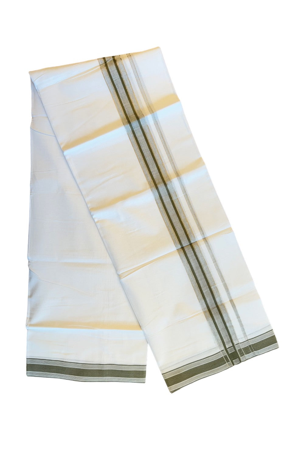 19% DISCOUNT!!! KaithariKada Balaramapuram 100% Cotton Double PURE white Mundu/Dhoti-100x100   2.5 Inch Silver kasavu army green & white shaded  kara  - 29KK83VIN