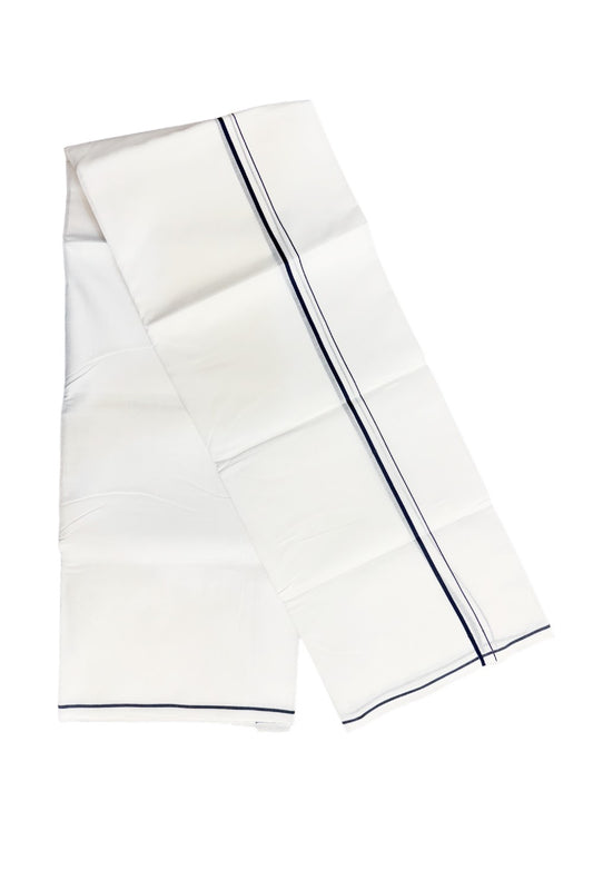 26% DISCOUNT! KaithariKada Balaramapuram 100% Cotton Ultra WHITE Double Mundu/Dhoti-100x100 1.5 cm  NAVY BLUE  THIN Kara-KK47ASH-29.