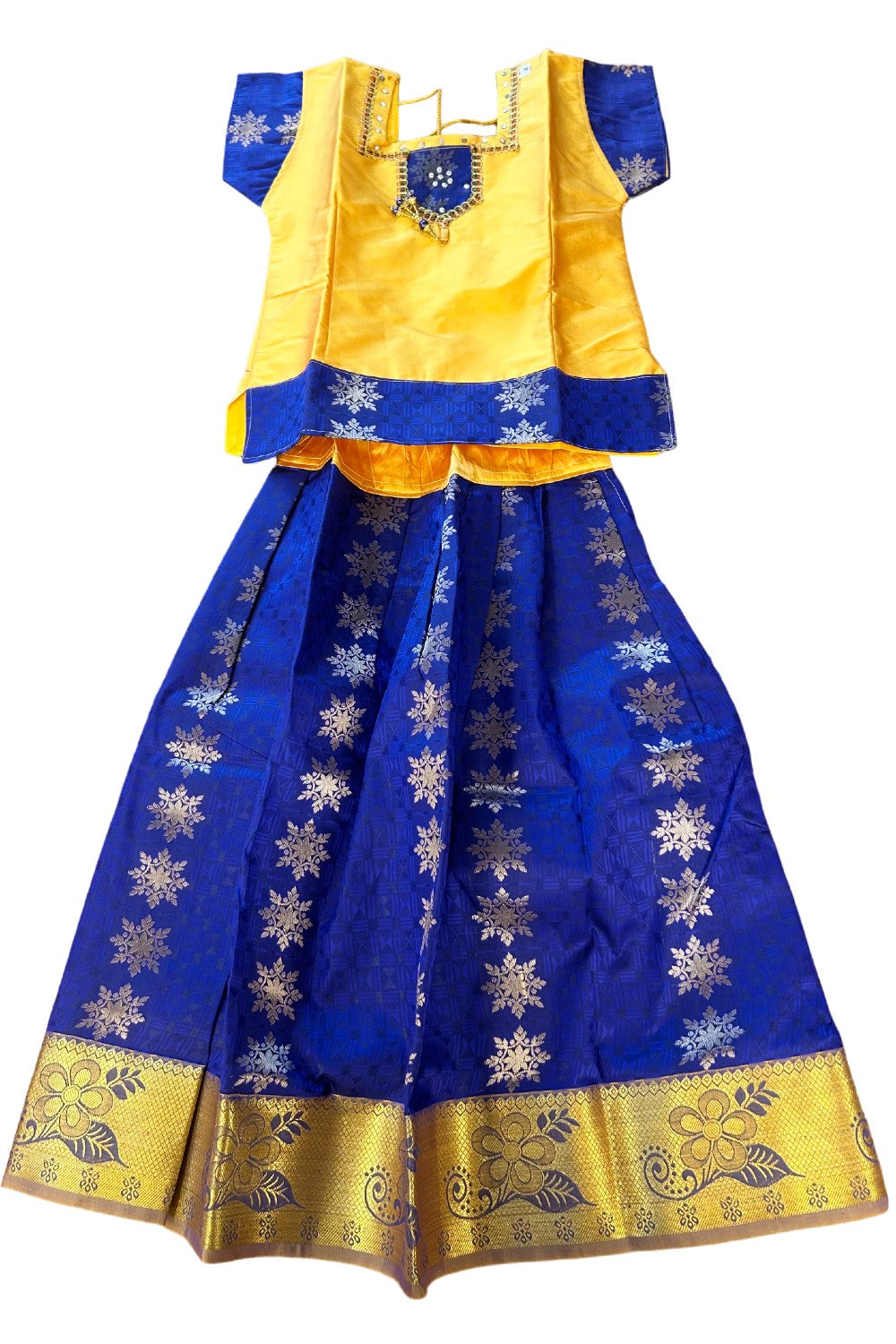 Midukki-Traditional South Indian Kids Pattu Pavada- Yellow top dark blue skirt with emboss jerry work- Age 4 - KK4MID0029