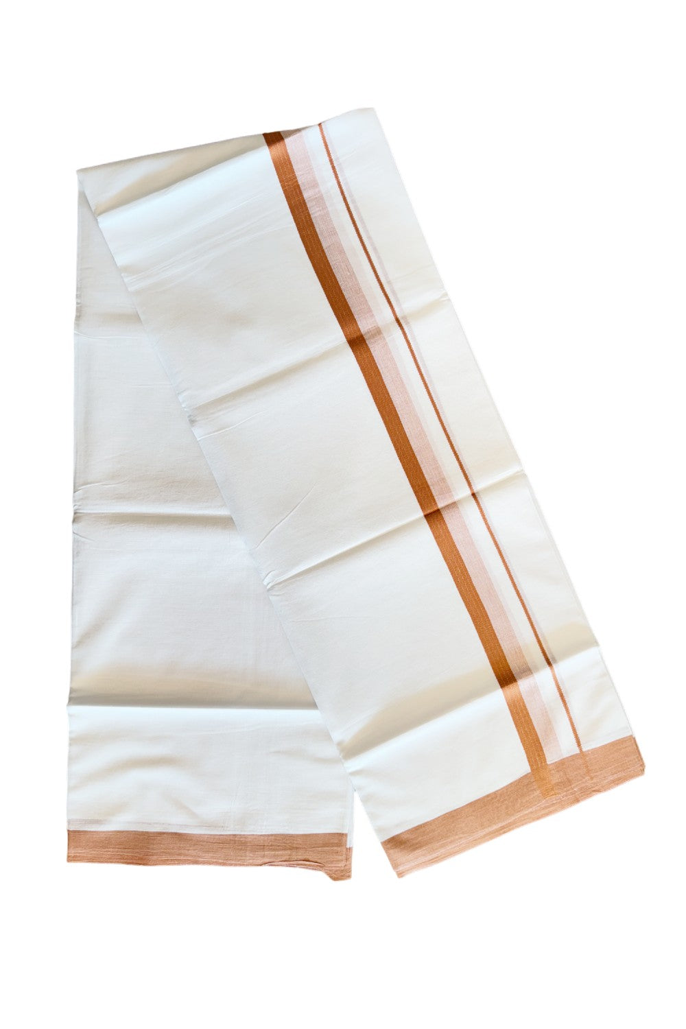 24% DISCOUNT!! Kaitharikada Balaramapuram 100% Cotton Ultra WHITE Double Mundu./Dothi-100x80   1.75 Inch ORANGE  RED Shaded Cotton Kara -29KK45VAS.