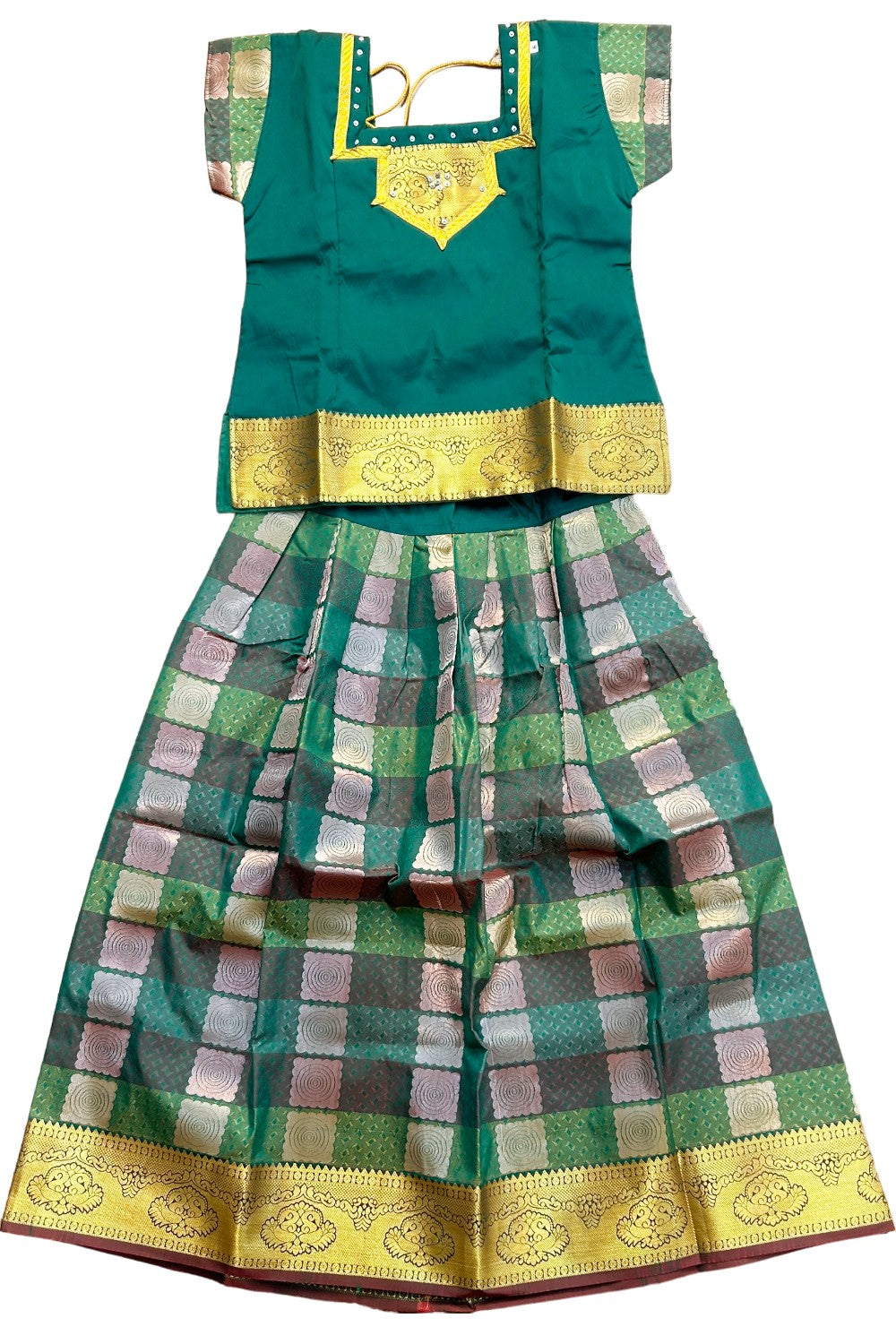 Midukki-Traditional South Indian Kids Pattu Pavada- Green top Green skirt with emboss jerry work- Age 6 - KK6MID0029