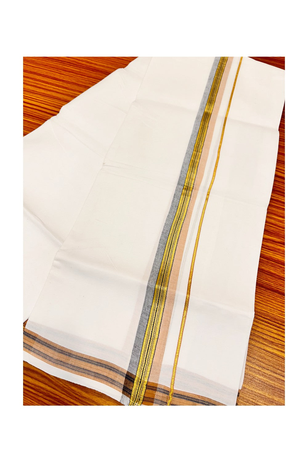 20% OFFER! KaithariKada 100% Cotton Balaramapuram HANDLOOM Single  PURE WHITE Mundu/Dhoti - 2inch Black & LIght Brown Kasavu Kara &  Stripes Design - 29KAI.