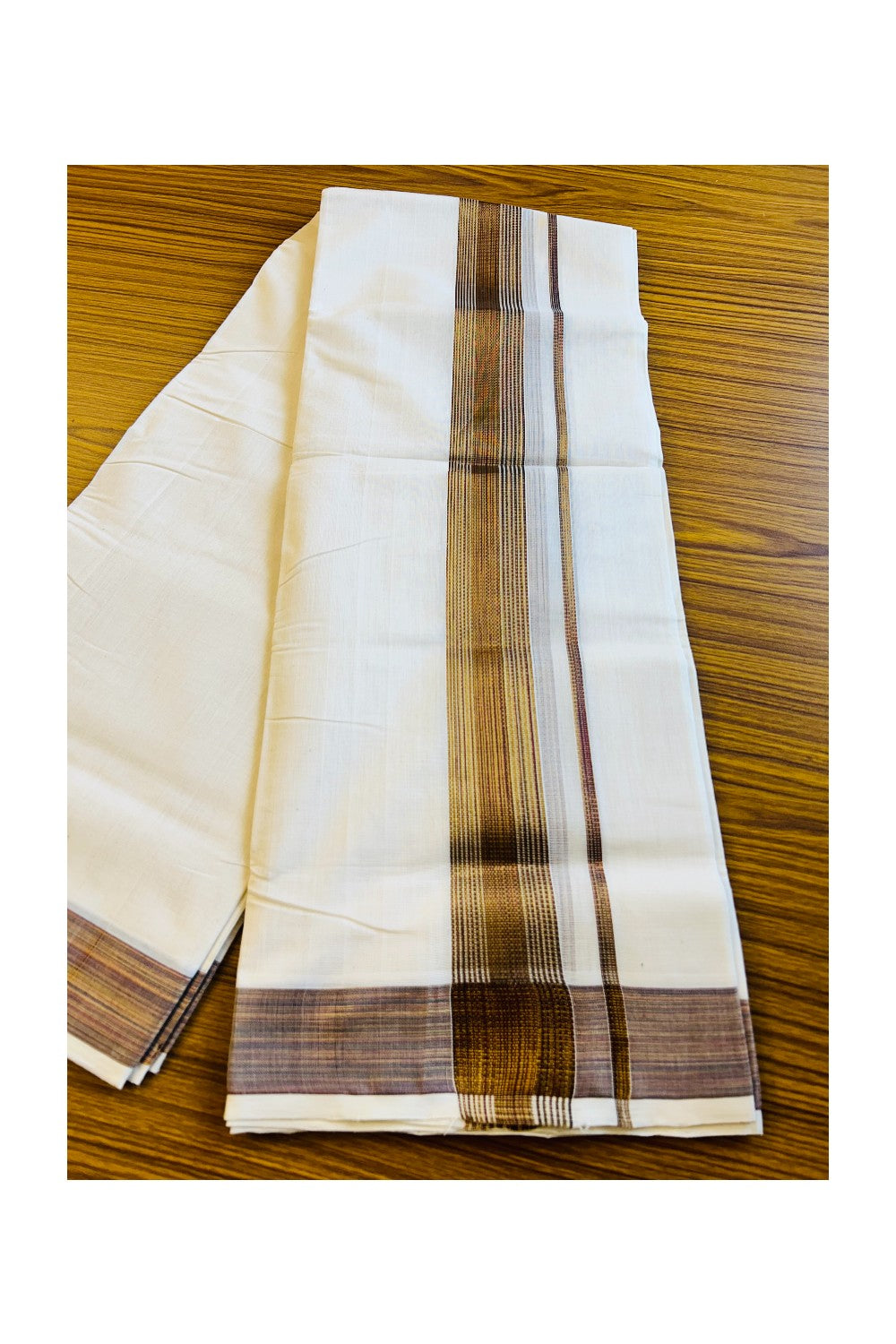 21% DISCOUNT!! KaithariKada HANDLOOM millpaav Balaramapuram - 100% PURE Cotton OFF White Double Mundu/Dothi - 3 inch Brown & Gold Kasavu Striped kara - 29KK203RAM