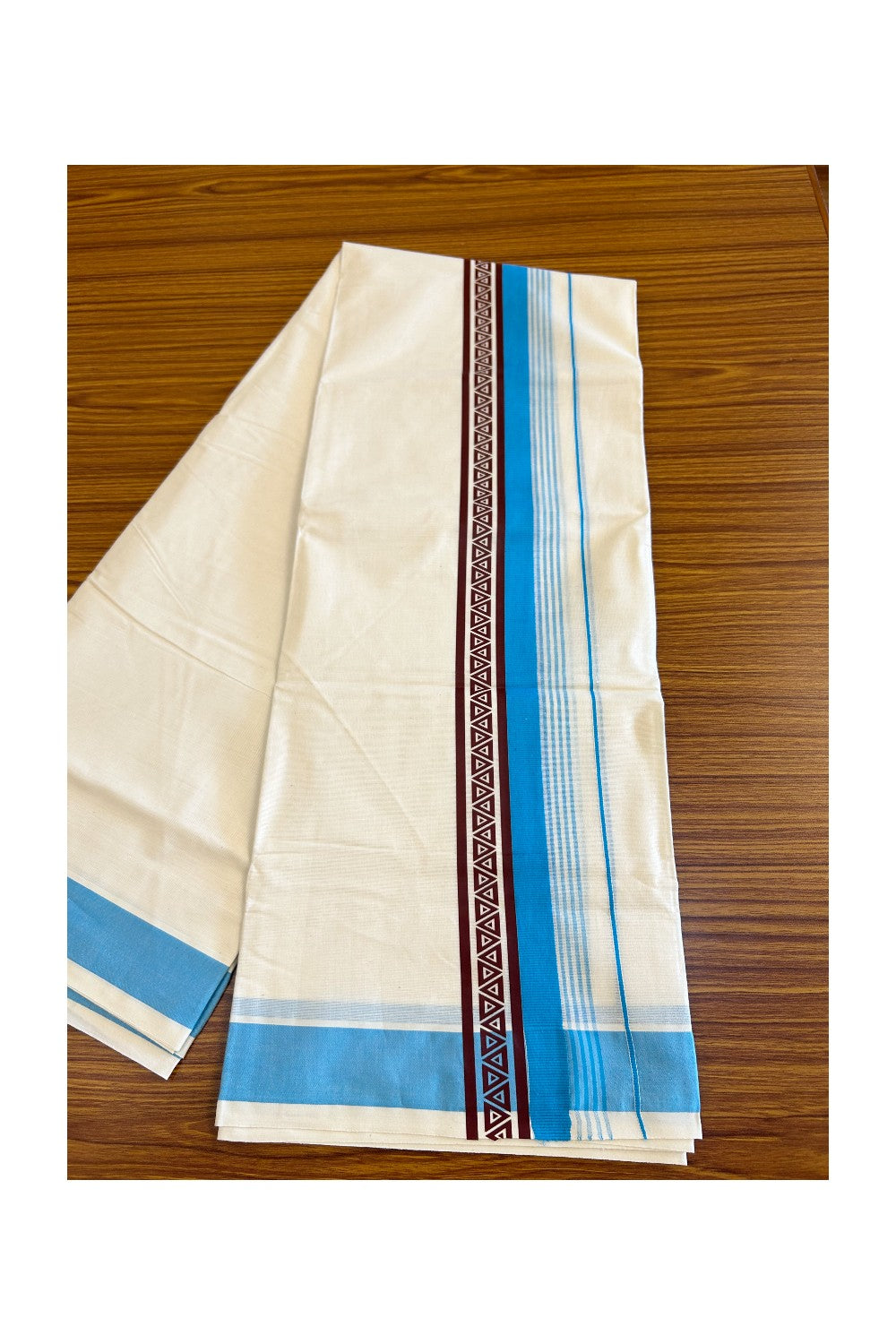 29% Discount !! KaithariKada Balaramapuram 100% Cotton Off white Double Mundu/Dhoti - 80x72- 3.25 Inch  Brown & Sky Blue Striped  Striped pattern printed kara - 26KK470VIN