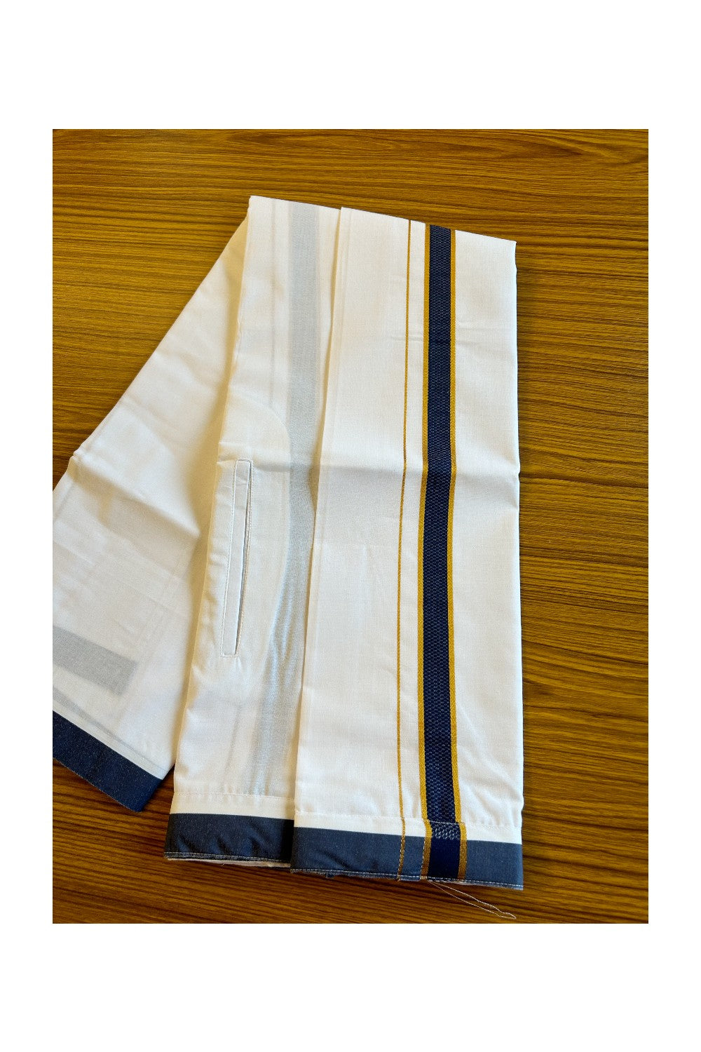 KaithariKada Balaramapuram COTTON SINGLE PURE WHITE VELCRO Mundu/Dhoti - 1.75inch Dark Blue &  Kasavu kara - 29KK485SRI