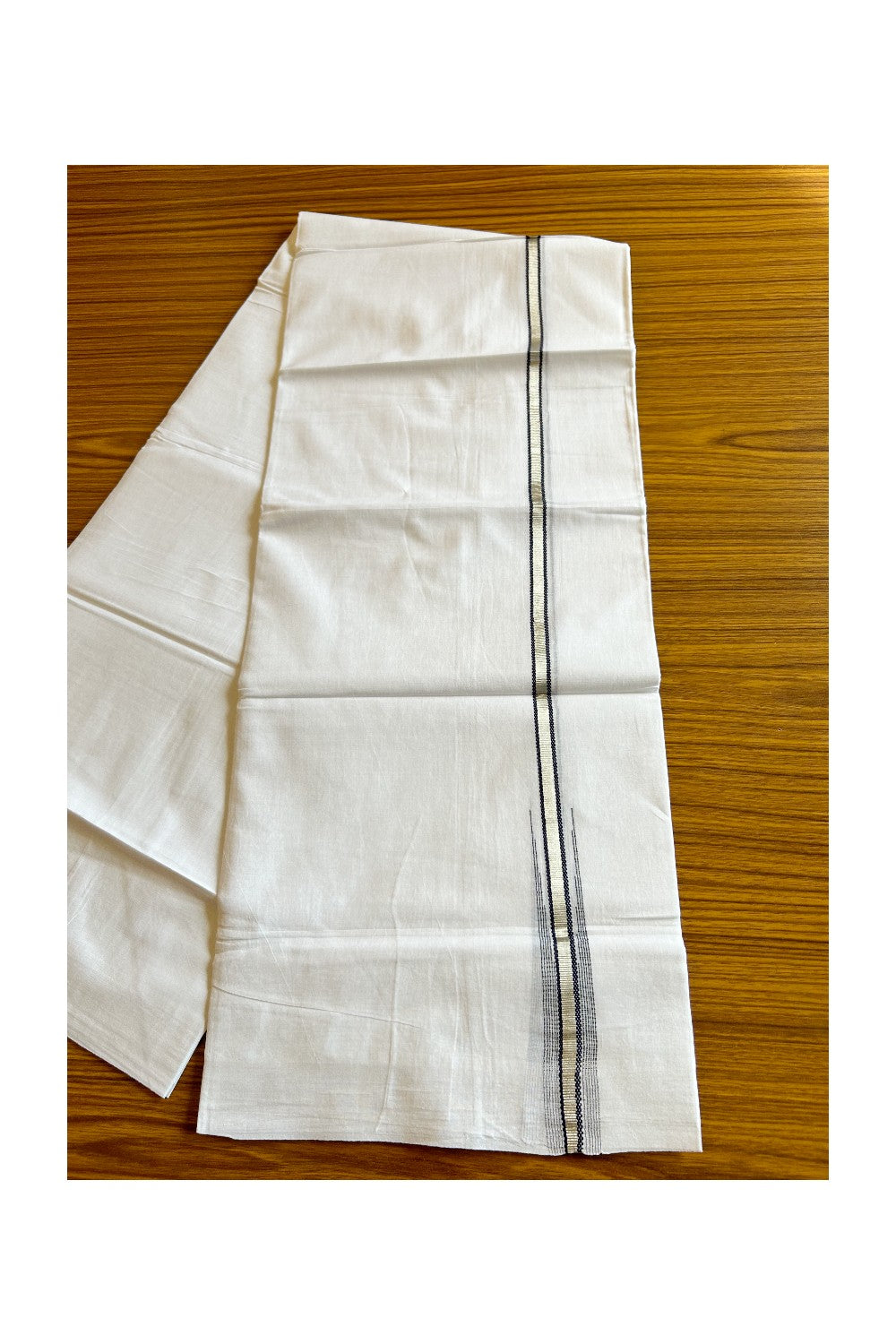 8% Discount ! Kaitharikada Balaramapuram 100% Cotton PURE WHITE Double Mundu/Dothi- 0.5 inch Silver Kasavu & Navy Blue Striped Chutty Kara - 29KK5032GAN