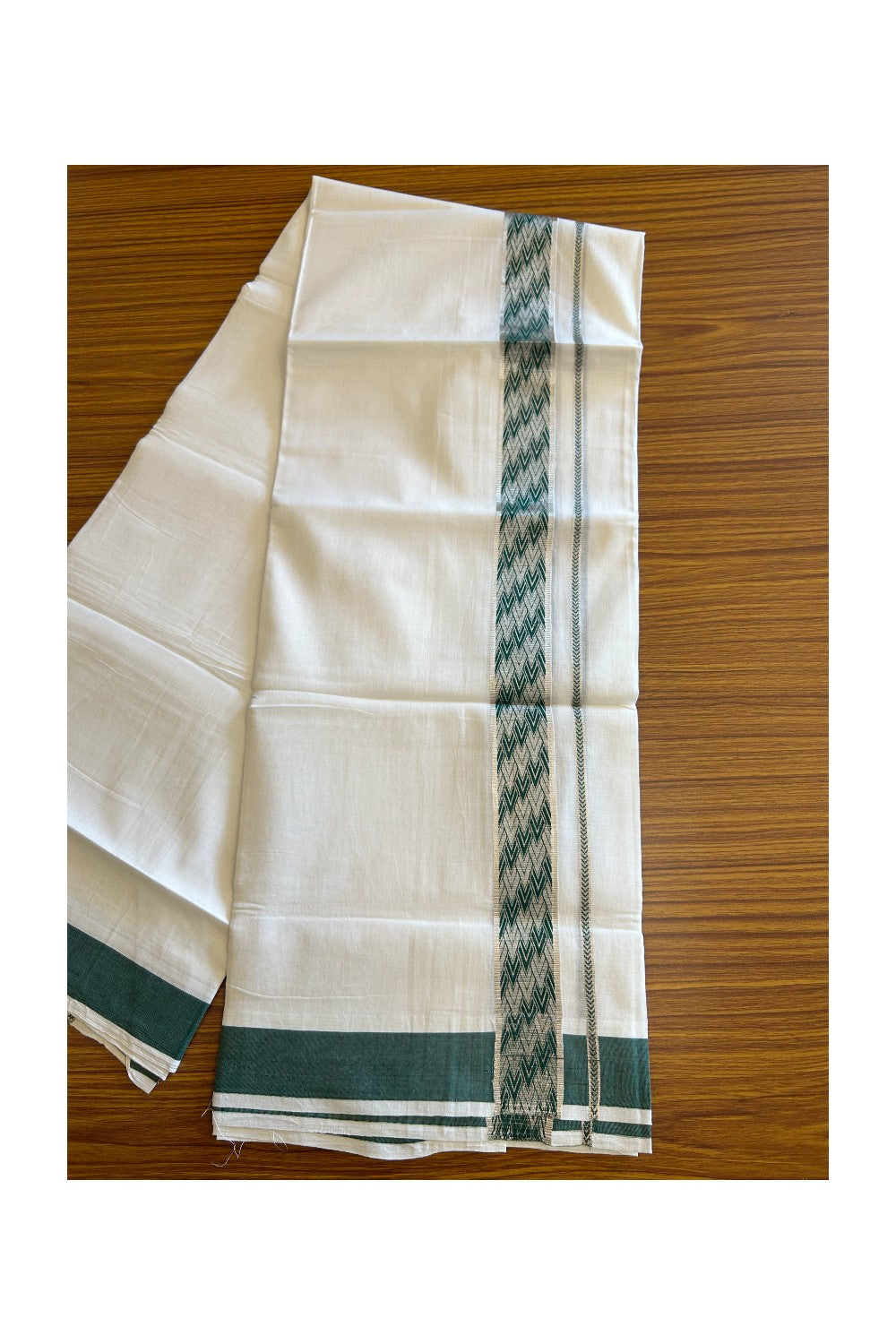 20% DISCOUNT! KaithariKada Balaramapuram 100% Cotton Double PURE white Mundu/Dhoti - 100x80 - 2 Inch Silver kasavu Dark Green pattern Kara - 29KK5112PMC