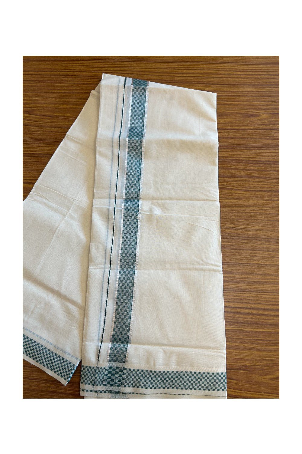 20% DISCOUNT ! KaithariKada Balaramapuram 100% Cotton Double off white  (Unbleached) Mundu/Dhoti - 100X90 - 2 inch Silver kasavu & Dark Green Check design kara - 29KK5113PMC