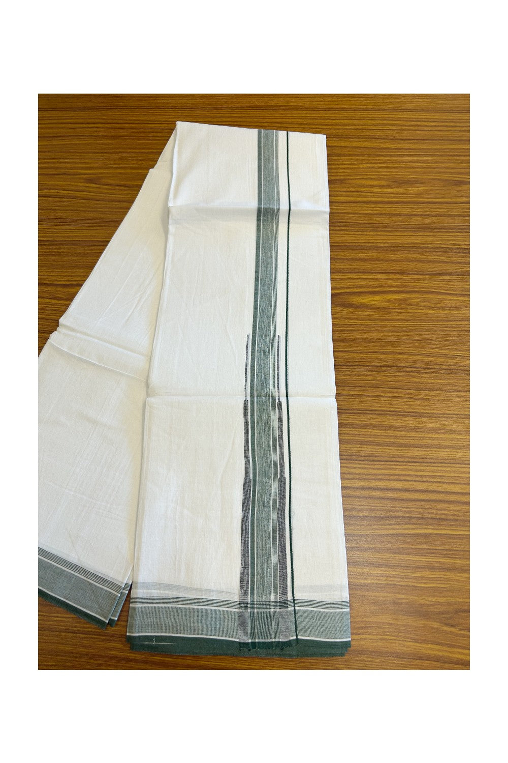 20% DISCOUNT!! Kaitharikada Balaramapuram 100% Cotton PURE WHITE Double Mundu/Dothi-80X90 - 1.75 Inch Green & Black Striped Chutty Kara 3.70m (8 Muzham) - 48KK5115THI