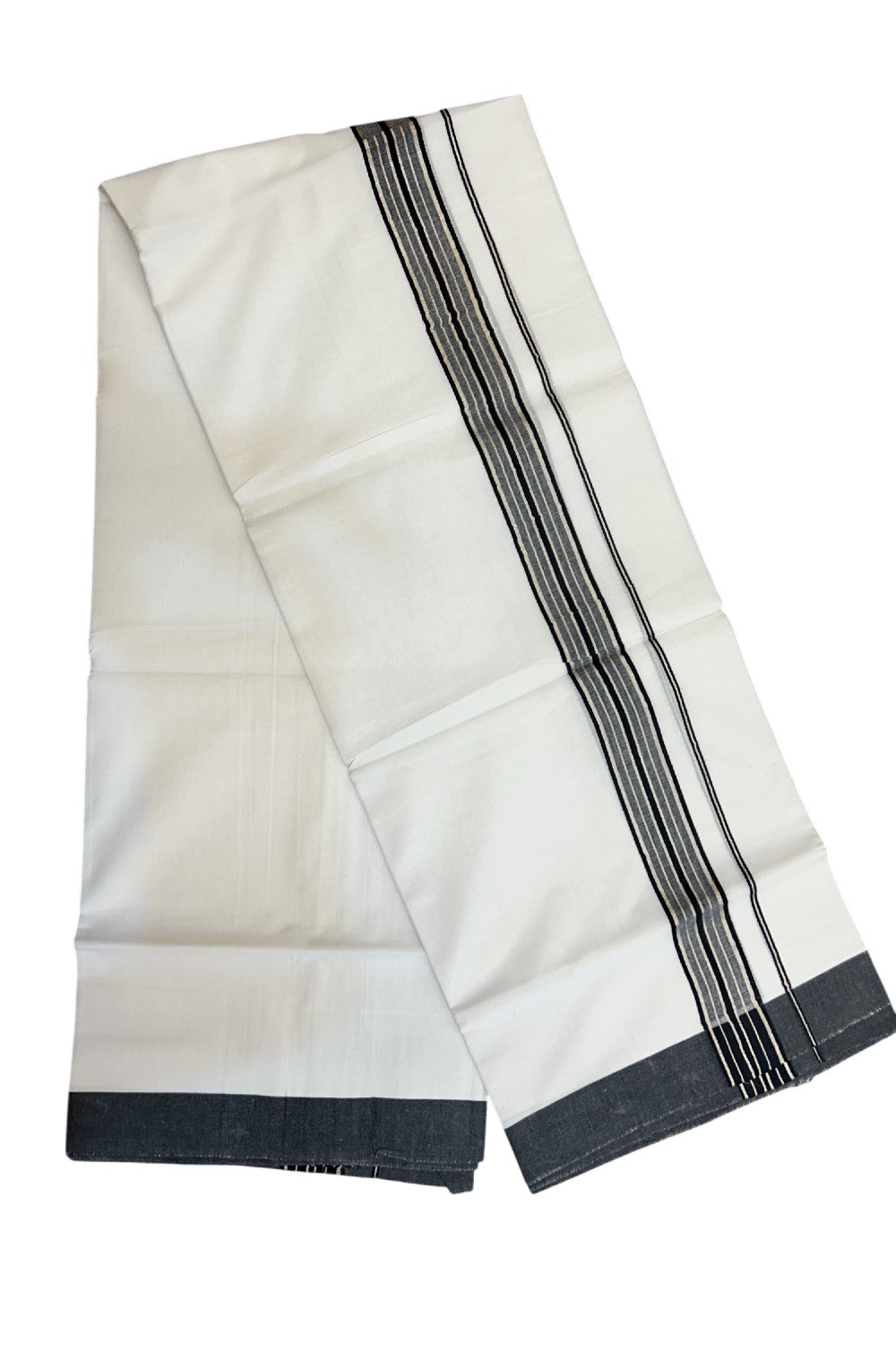 20% Discount !! KaithariKada Balaramapuram Double PURE WHITE Mundu/Dhoti- 100x80 - 1.5 inch Black Shaded Kara Silver Striped kara - 29KK5143PMC