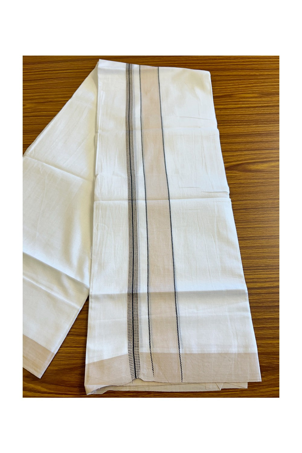 21% DISCOUNT!! Kaitharikada Balaramapuram 100% Cotton Ultra WHITE Double Mundu/Dothi-100x80  2.75 Inch CREAM & BLACK Striped Cotton Kara -29KK73VAS.