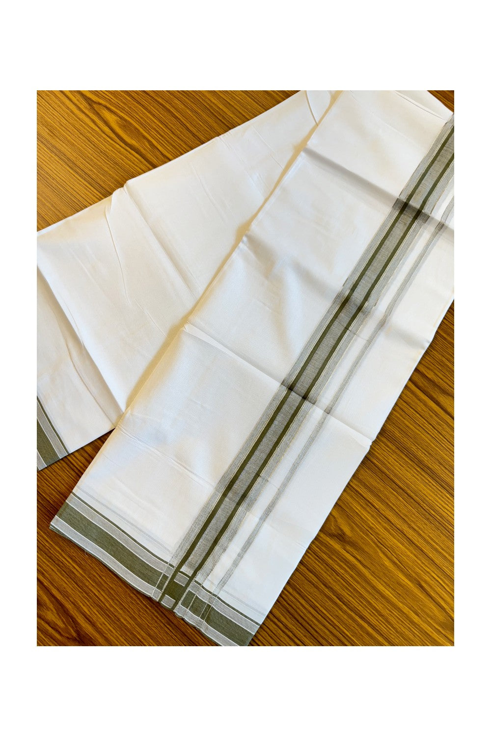 19% DISCOUNT!!! KaithariKada Balaramapuram 100% Cotton Double PURE white Mundu/Dhoti-100x100   2.5 Inch Silver kasavu army green & white shaded  kara  - 29KK83VIN