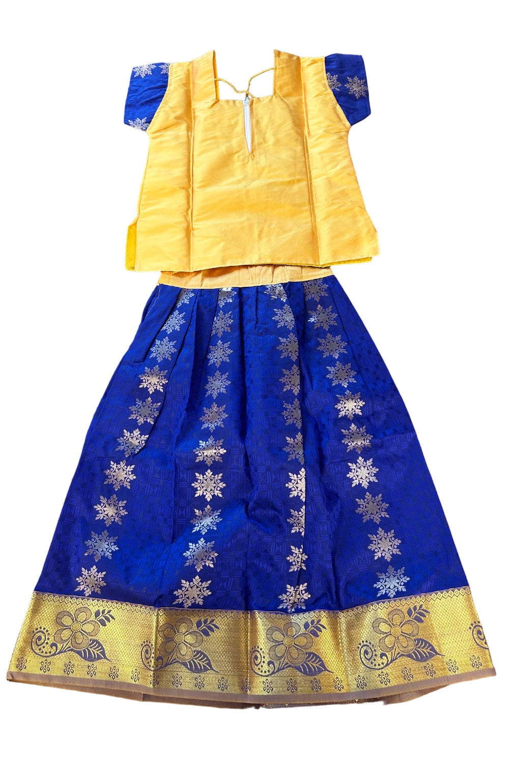 Midukki-Traditional South Indian Kids Pattu Pavada- Yellow top dark blue skirt with emboss jerry work- Age 4 - KK4MID0029