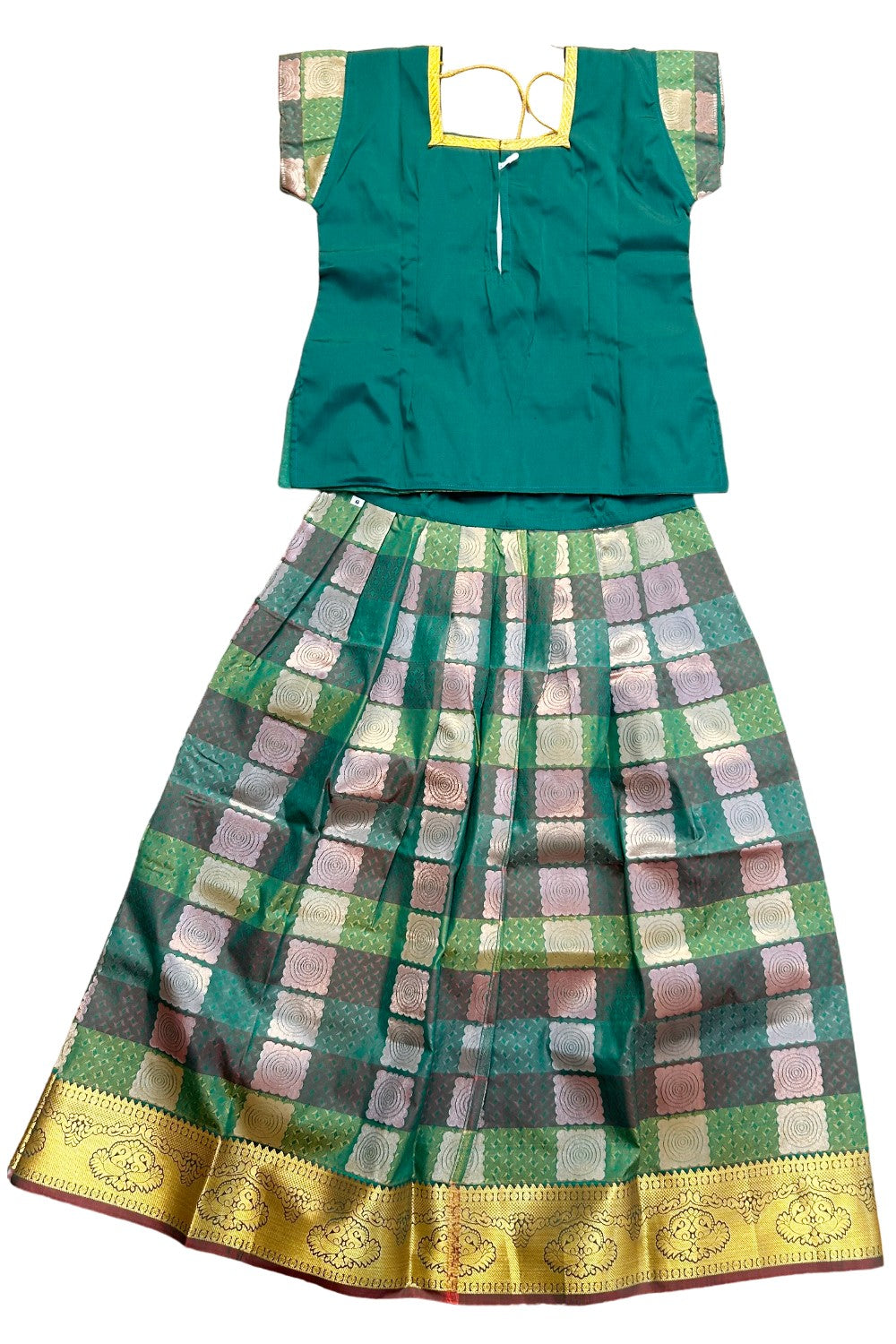 Midukki-Traditional South Indian Kids Pattu Pavada- Green top Green skirt with emboss jerry work- Age 6 - KK6MID0029