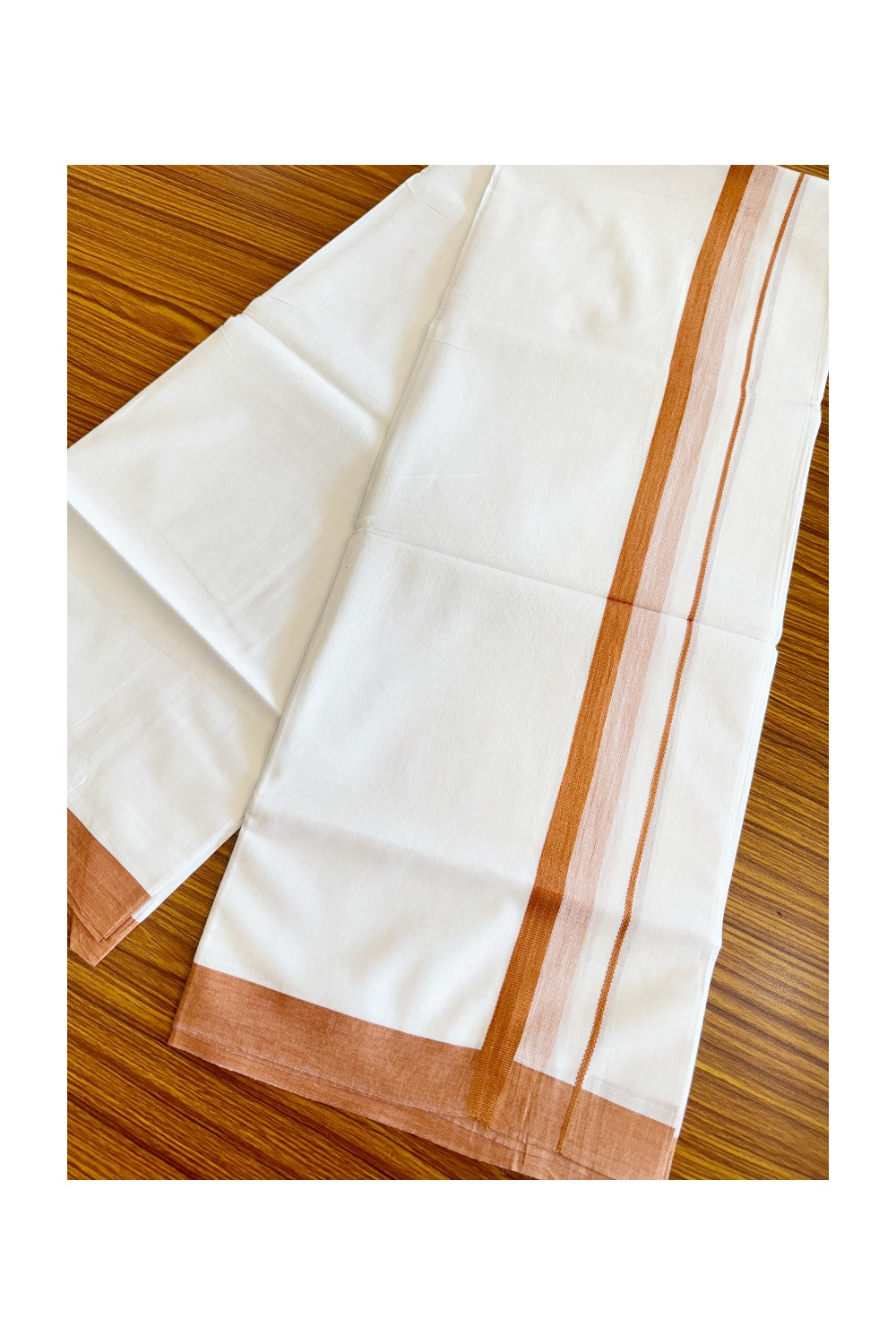 24% DISCOUNT!! Kaitharikada Balaramapuram 100% Cotton Ultra WHITE Double Mundu./Dothi-100x80   1.75 Inch ORANGE  RED Shaded Cotton Kara -29KK45VAS.