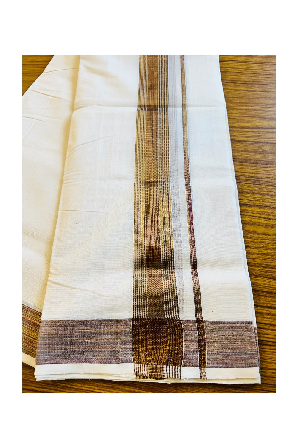 21% DISCOUNT!! KaithariKada HANDLOOM millpaav Balaramapuram - 100% PURE Cotton OFF White Double Mundu/Dothi - 3 inch Brown & Gold Kasavu Striped kara - 29KK203RAM