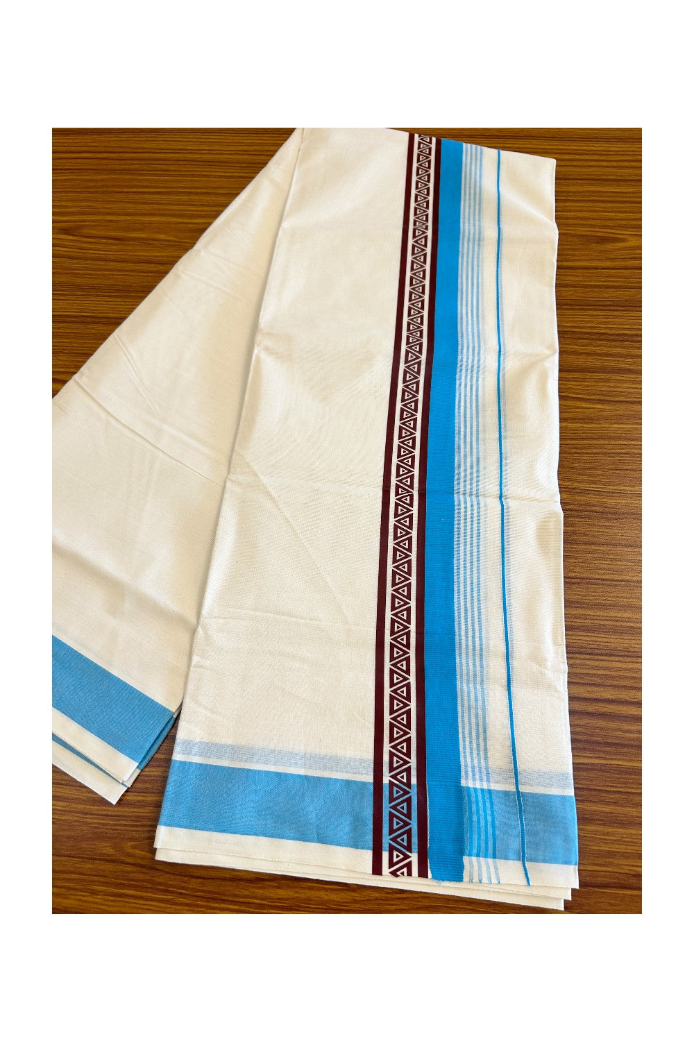 29% Discount !! KaithariKada Balaramapuram 100% Cotton Off white Double Mundu/Dhoti - 80x72- 3.25 Inch  Brown & Sky Blue Striped  Striped pattern printed kara - 26KK470VIN