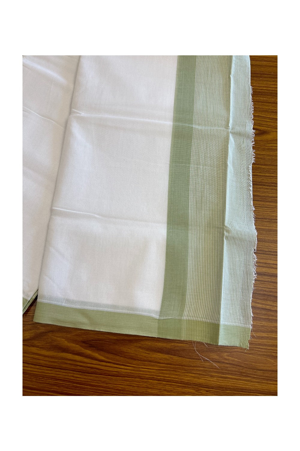 30% DISCOUNT!! KaithariKada Balaramapuram 100% Cotton PURE WHITE Double Mundu/Dhoti-100x100 - 5 inch Light Green & white striped kara - 29KK5043ASH