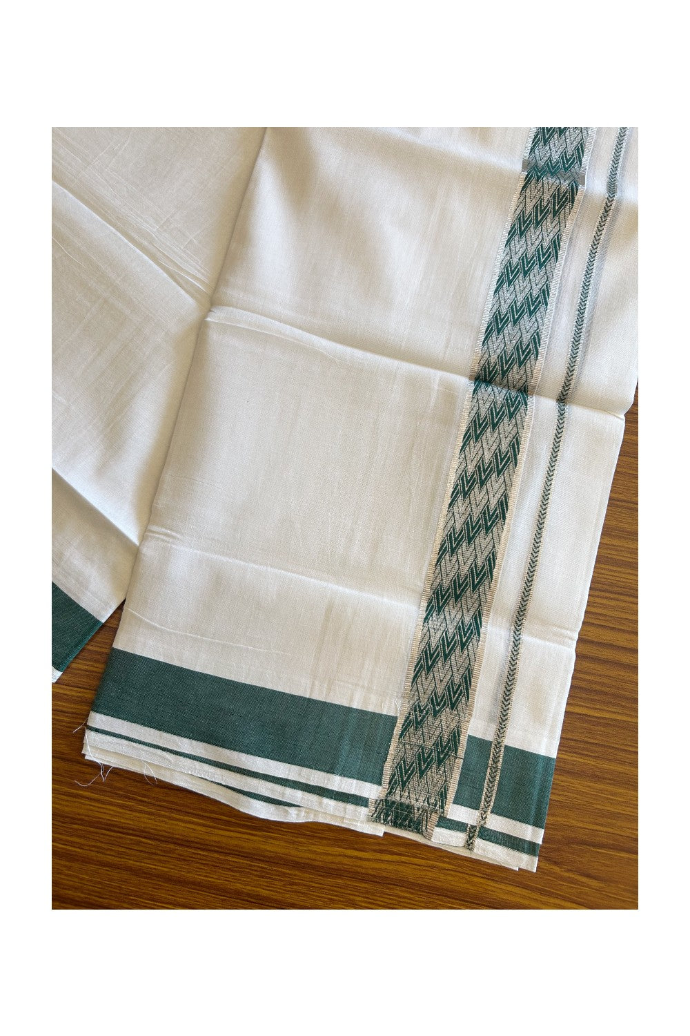 20% DISCOUNT! KaithariKada Balaramapuram 100% Cotton Double PURE white Mundu/Dhoti - 100x80 - 2 Inch Silver kasavu Dark Green pattern Kara - 29KK5112PMC