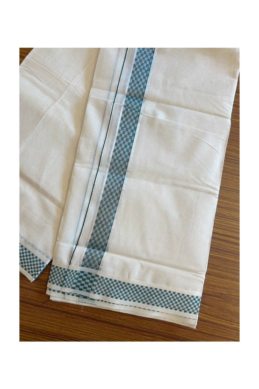 20% DISCOUNT ! KaithariKada Balaramapuram 100% Cotton Double off white  (Unbleached) Mundu/Dhoti - 100X90 - 2 inch Silver kasavu & Dark Green Check design kara - 29KK5113PMC